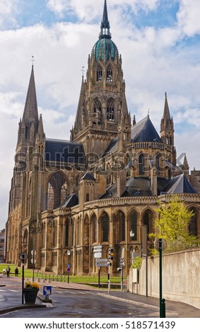 Cathedral of Our Lady of Bayeux in Calvados department of Normandy, France. People on the background