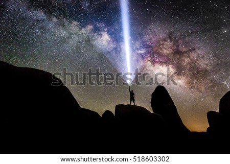 Man Pointing Flashlight Into the Milky Way