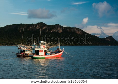 Fishing boat  in the sea . Sea evening time background .Fishing boat  of Thailand 