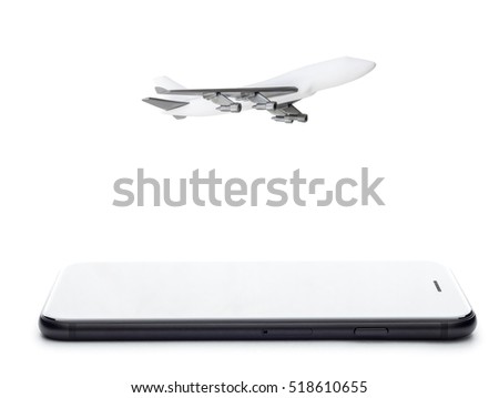 phone and airplane model on white background
