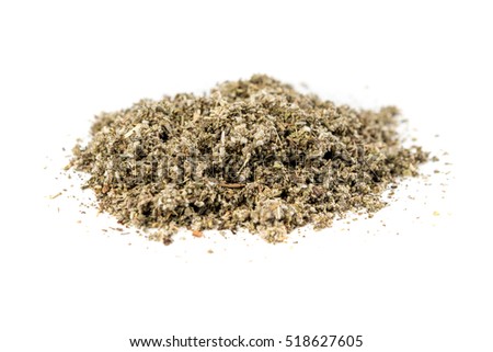 Pile of rubbed sage isolated on white background