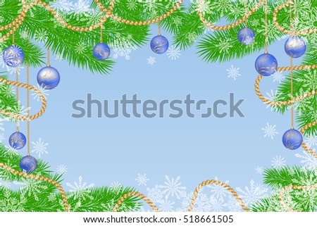 Fir tree branches with decorations, garland, balls and snowflakes. Winter holidays snowy background. Vector realistic illustration.