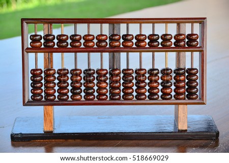 Old abacus on wooden background.
