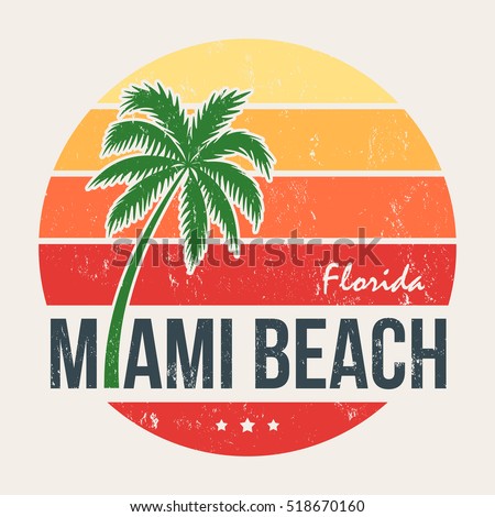 Miami beach Florida tee print with palm tree. T-shirt design, graphics, stamp, label, typography.