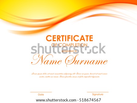 Certificate of completion template with dynamic orange soft wavy background. Vector illustration Royalty-Free Stock Photo #518674567