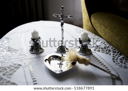 Tools ready for Wedding Blessing. carol, Christmas, priest visit