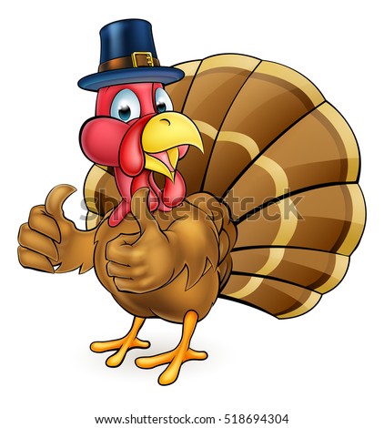 Cartoon Thanksgiving or Christmas turkey bird wearing a pilgrims hat and giving a thumbs up