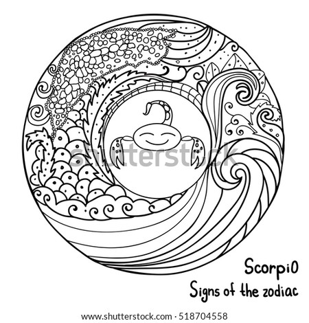 Black thin lines abstract. Signs of the zodiac. Horoscope hand drawing. Coloring page book for kids and adults. Scorpio symbol. Vector isolated template. Winter round frame. Astrology.