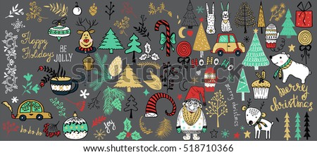 Christmas set of design elements with christmas trees,santa,lettering, flowers, spruce branches, leaves and berries, snowflakes and  christmas decorations.Hand drawn design elements.