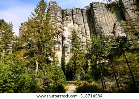 Fantastic view of the andstone Pillars. Teplice-Adrspach Rock Town. Czech Republic. Artistic picture. Beauty world.