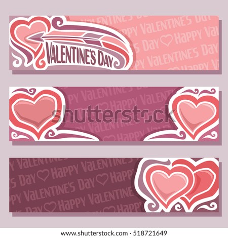 Vector abstract banners for Happy Valentine's Day, pink header: arrow flying in heart, red purple greeting valentines card with simple hearts, horizontal banner for text holiday lovers saint valentine