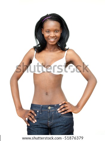 Smiling woman wearing a jeans against a white background