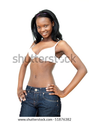 Charming woman wearing a jeans against a white background