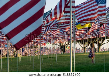 Girl dressed in patriotic colors walks amongst many USA American flags planted in a green field during a 9 11 memorial.