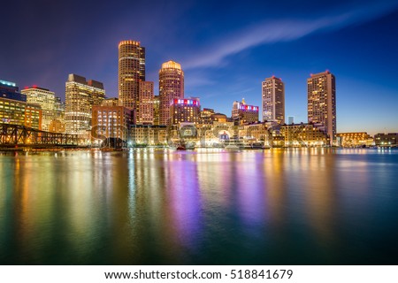 The Boston skyline at night, seen from Fort Point in South Boston, Massachusetts.