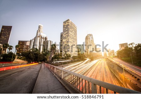 LA downtown at sunset - Panoramic view of Los Angeles cityscape at sunset