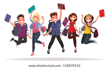 Happy group of students are jumping on a white background. Cheerful young people with backpacks and books. Vector illustration in a flat style Royalty-Free Stock Photo #518870542