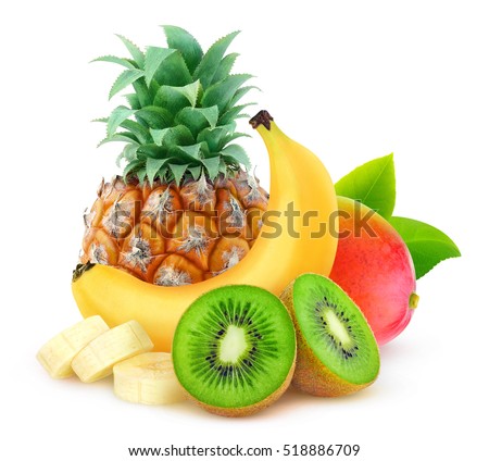 Isolated tropical fruits. Pineapple, banana, kiwi and mango isolated on white background with clipping path Royalty-Free Stock Photo #518886709
