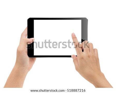 close-up hand using tablet isolated on white clipping path inside, mock-up digital black tablet Royalty-Free Stock Photo #518887216