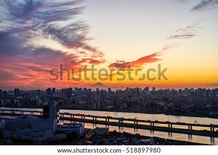 Asia Business concept for real estate and corporate construction - panoramic modern cityscape building bird eye aerial view with Mount Fuji under sunrise and morning blue bright sky in Tokyo,Japan