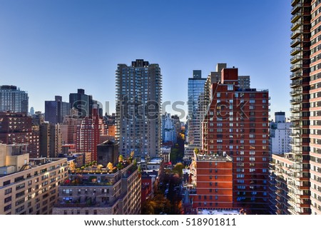Aerial view of apartment buildings across the East Side of Manhattan, New York..
