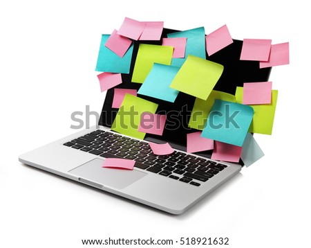 Image of laptop full of colorful sticky notes reminders on screen isolated on white. Work overload concept image Royalty-Free Stock Photo #518921632