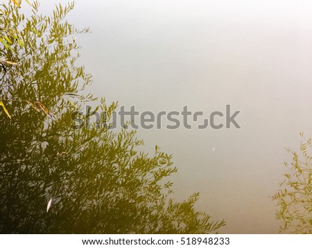 Morning fog on a calm river, tranquil scene on river, cold color toned image. Colorful reflection in water. Abstract background. River flowing in autumn.