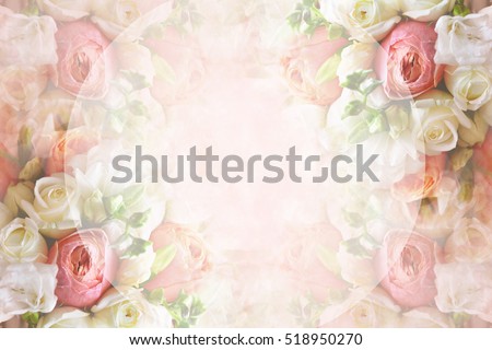 Summer blossoming roses collage, pink wedding bouquet greeting frame, pastel and soft flower card