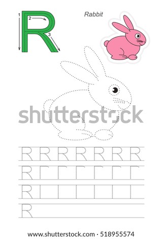 Vector illustrated worksheet to preschool children learn handwriting. Page to be traced for gaming and education with easy educational kid game level. Tracing worksheet for letter R. Rabbit.