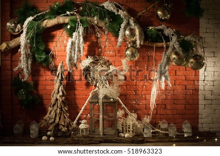 Christmas decoration, Holiday interior, New year evening, Photo studio decoration, Tree decor, Merry Christmas, Happy New Year