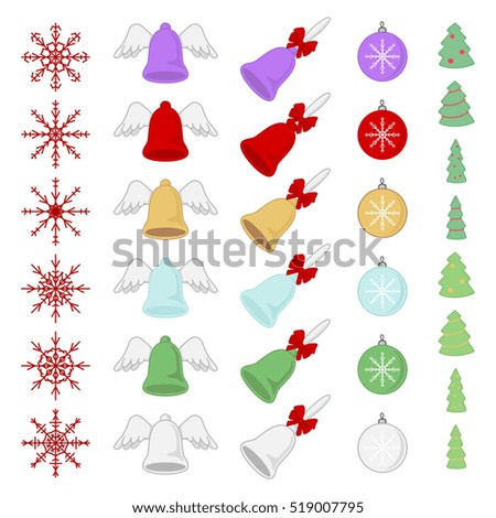 Various colorful snowflakes, Christmas bells, Christmas balls, Christmas trees. Vector clip-art.
