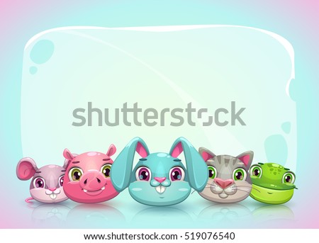 Cute childish horizontal banner template with funny cartoon animal faces and place for text. Funny background with kind pet characters. Vector illustration.