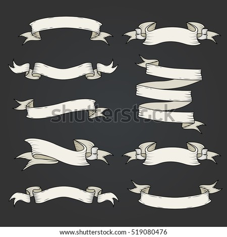 Black ribbon banners set. Beautiful blank for decoration graphic. Old vintage style Flat design. Template collection labels Vector illustration