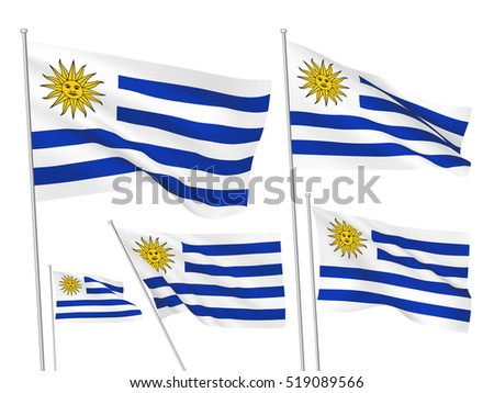 Uruguay vector flags set. 5 wavy 3D cloth pennants fluttering on the wind. EPS 8 created using gradient meshes isolated on white background. Five fabric flagstaff design elements from world collection