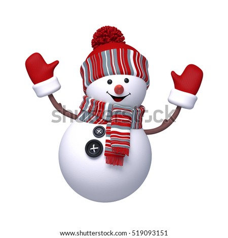 3d render, digital illustration, happy snowman, Christmas Holiday character, festive greeting card, clip art isolated on white background