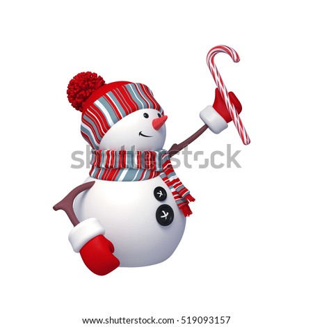 3d render, digital illustration, happy snowman holding candy cane, Christmas Holiday character, festive greeting card, clip art isolated on white background