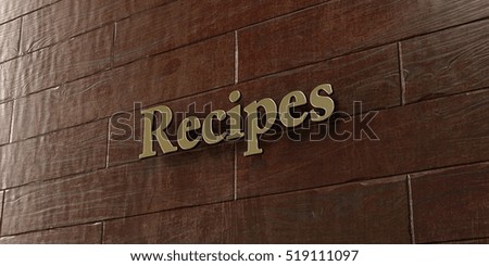 Recipes - Bronze plaque mounted on maple wood wall  - 3D rendered royalty free stock picture. This image can be used for an online website banner ad or a print postcard.