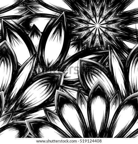 Floral background. Full seamless flower ornament for printing, textile, art design. Decorative vector backdrop. Monochrome, binary, black and white.
