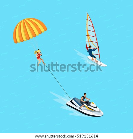 Flat isometric female windsurfer and parasailing sportsman vector illustration. 3d isometry Water extreme sports and activity concept.
