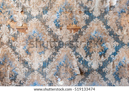 Vintage textures: old wallpaper, peeling paint, brick wall and layers of different colorful backgrounds. Royalty-Free Stock Photo #519133474
