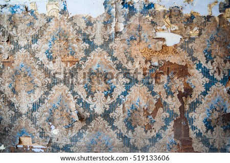 Vintage textures: old wallpaper, peeling paint, brick wall and layers of different colorful backgrounds. Royalty-Free Stock Photo #519133606