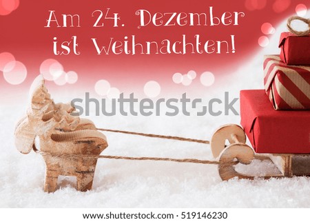 Reindeer With Sled, Red Background, Weihnachten Means Christmas
