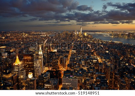 New York City downtown skyline view at night.