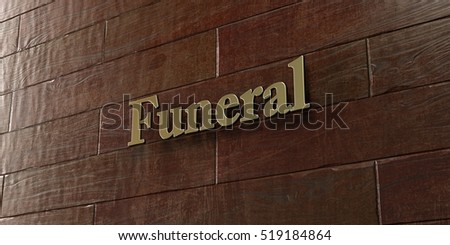 Funeral - Bronze plaque mounted on maple wood wall  - 3D rendered royalty free stock picture. This image can be used for an online website banner ad or a print postcard.