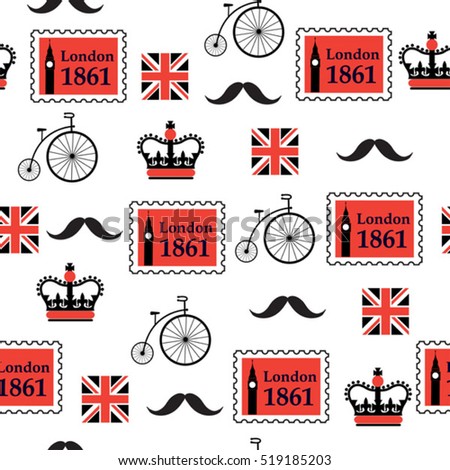 british retro seamless pattern with stamps and bikes