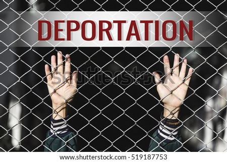 Deportation text of women and fence. Refugee concept