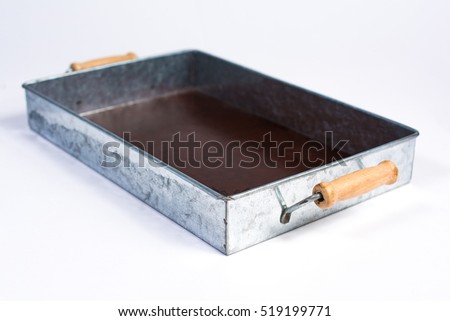 Galvanized Tin Box with Wooden Handles Isolated on White perspective View