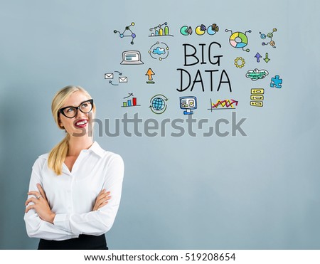 Big Data text with business woman on a gray background