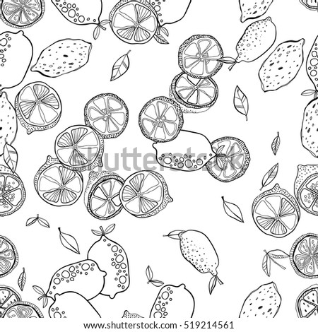 Black and white seamless pattern with lemons for coloring books