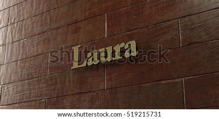 Laura - Bronze plaque mounted on maple wood wall  - 3D rendered royalty free stock picture. This image can be used for an online website banner ad or a print postcard.